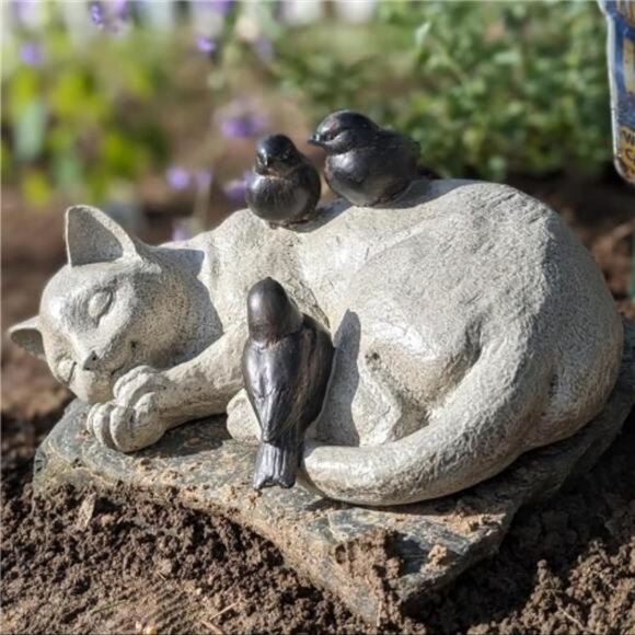 Sleeping Cat Garden Statues Outdoor- 12"Sparrows On Cat Figurine Memorial Statue - Picture 1 of 7